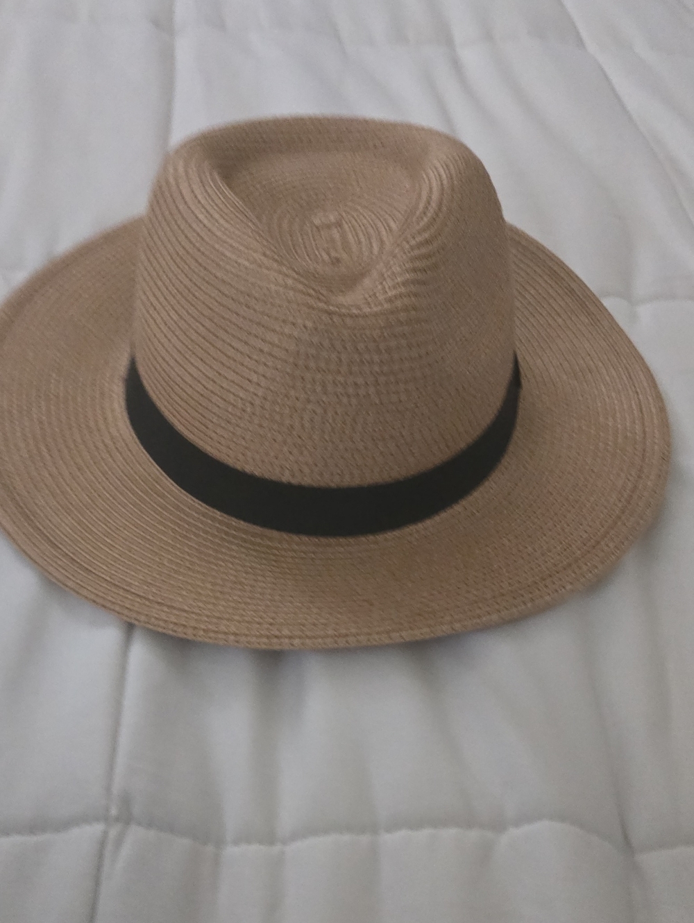 Women's Tan Straw Fedora Hat with Black Band